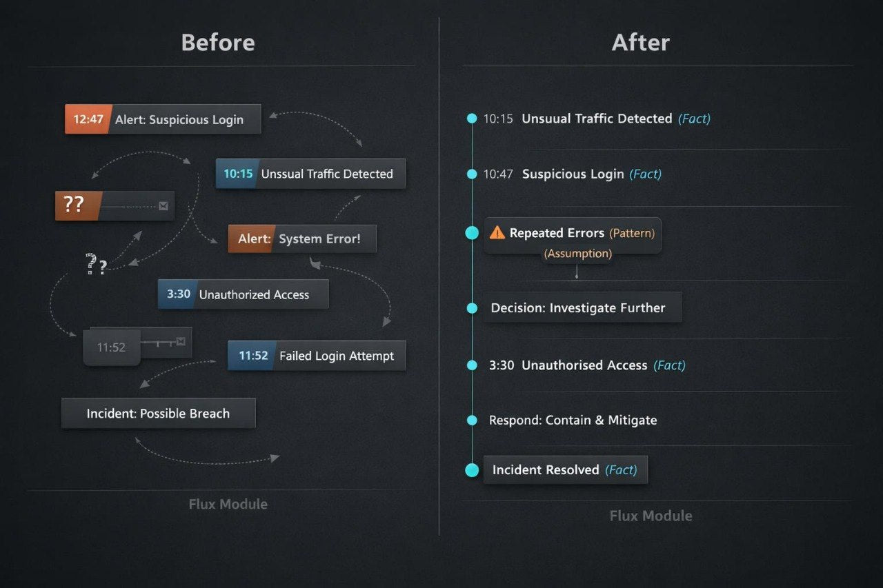 A dark digital flowchart comparing a 'Before' incident response process on the left with an 'After' optimized workflow on the right, featuring blue, orange, and brown nodes on a dark gray background.