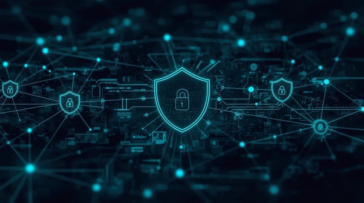 Digital graphic of a glowing cyan security shield with a padlock icon in the center, surrounded by connected shield and AI-style icons over a dark tech circuit background.