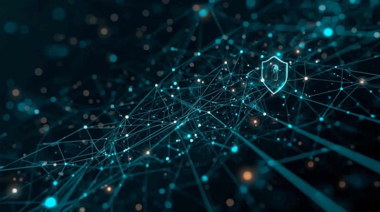 Abstract digital artwork of a glowing blue network of connected nodes and lines on a dark background, with a small shield icon containing a key near the upper right.