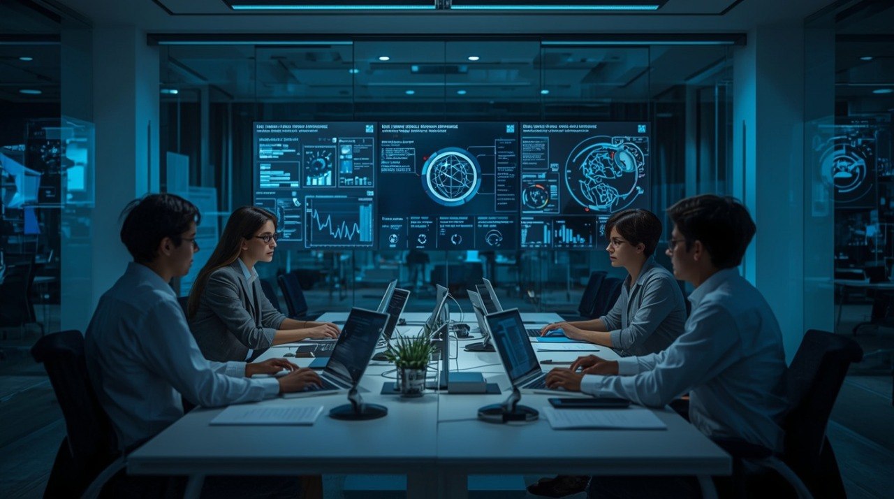 A modern conference room with four people seated around a table facing a large illuminated digital display wall showing charts and graphics. The room is lit in cool blue tones, with office chairs, laptops, and documents visible.