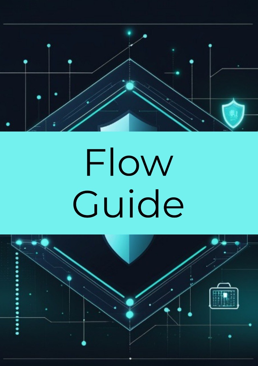 A digital cover graphic for a 'Flow Guide' featuring a central cyan horizontal band with black text, set against a dark navy background with glowing cyan digital circuit lines, geometric shapes, and small icons.