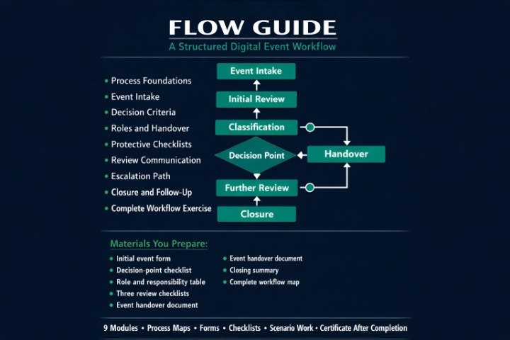 A dark blue digital infographic titled 'FLOW GUIDE' showing a structured event workflow with boxes for Event Intake, Initial Review, Classification, Decision Point, Handover, Further Review, and Closure, plus a materials list at the bottom.