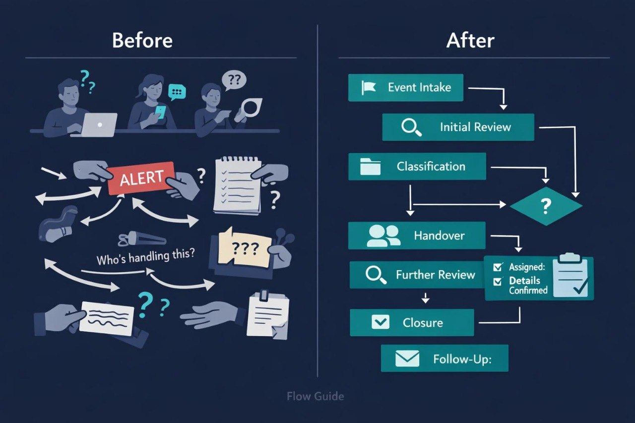 A dark navy flow chart comparing a 'Before' process with an 'After' process. The left side shows a messy, cluttered workflow with illustrated people, question marks, and an alert badge.