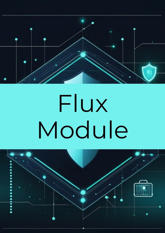 A digital cover graphic for a 'Flux Module' featuring a central cyan horizontal band with black text, set against a dark navy background with glowing cyan circuit lines, geometric shapes, a shield icon, and a briefcase icon.