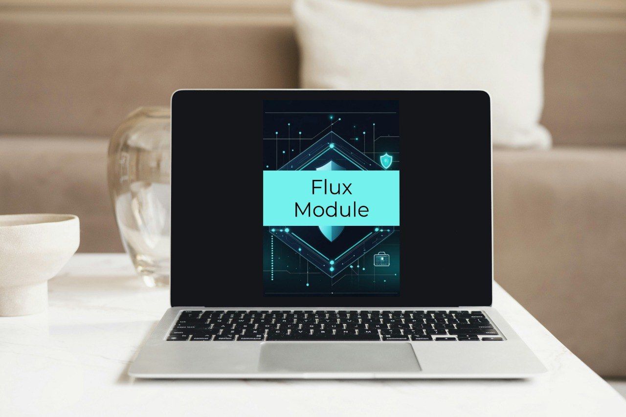 A silver laptop sits on a white table in a softly blurred living room setting, displaying a digital interface labeled 'Flux Module' on its screen.