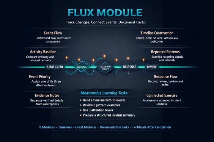 An infographic-style diagram titled 'FLUX MODULE' on a dark blue background, showing a workflow with labeled boxes such as Event Flow, Activity Baseline, Start Event, Decision Point, Response, Review, Repeated Patterns, Response Flow, and Connected Exercise.