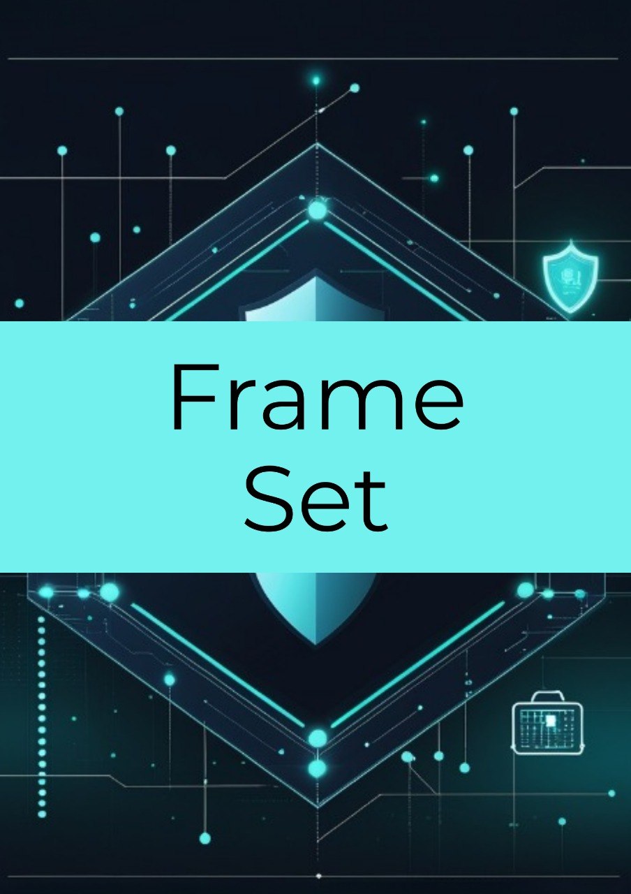 A digital graphic with a bright cyan horizontal band across the center containing the words 'Frame Set' in black sans-serif text. The background is very dark navy/black with glowing cyan geometric lines, shield icons, and small tech-style illustrations.