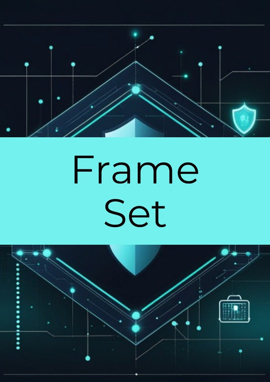 A digital graphic with a bright cyan horizontal band across the center containing the words 'Frame Set' in black sans-serif text. The background is very dark navy/black with glowing cyan geometric lines, shield icons, and small tech-style illustrations.