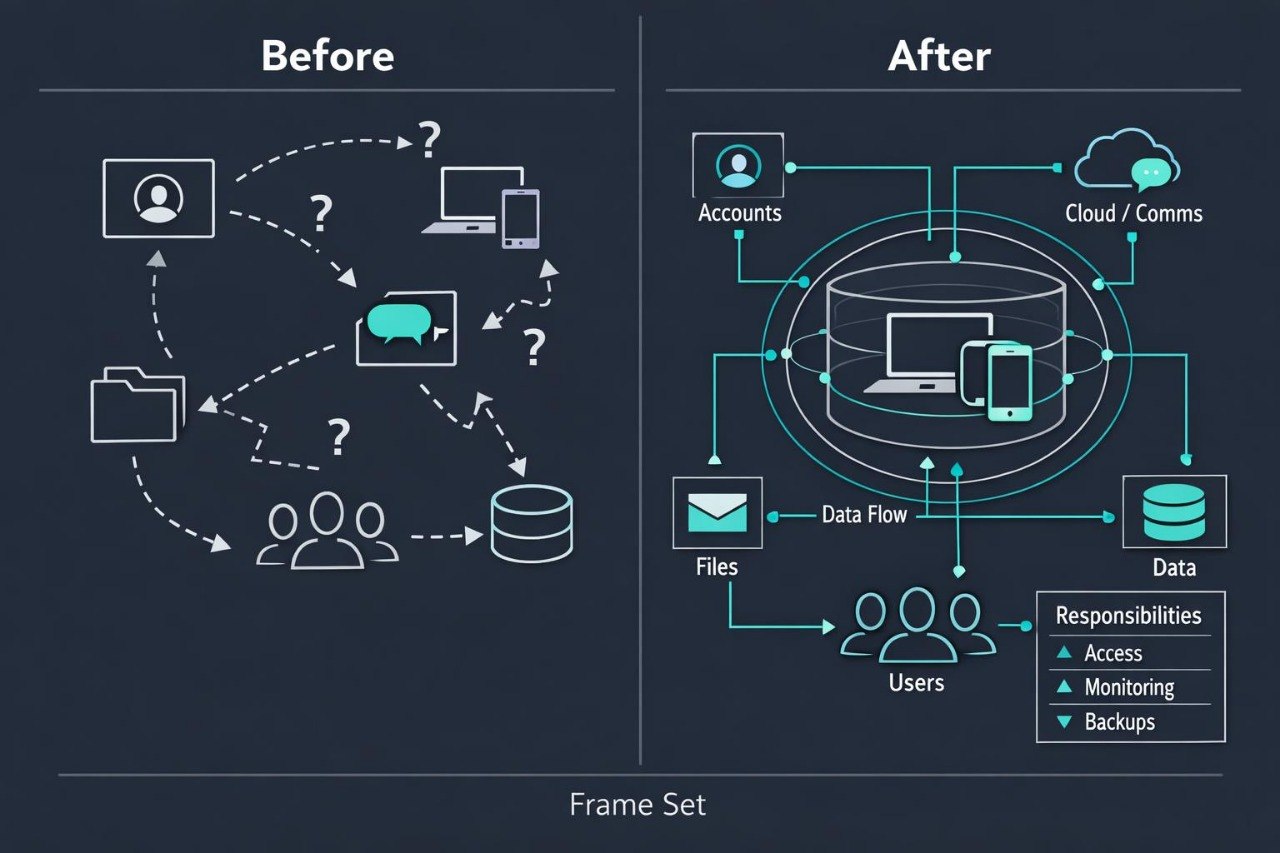 A dark navy diagram comparing a 'Before' state on the left with an 'After' state on the right, using white and teal icons to illustrate user interactions, files, accounts, data flow, and responsibilities.