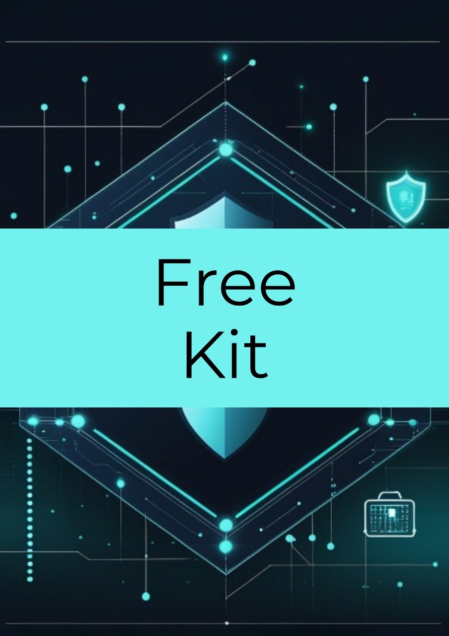 A promotional graphic with a cyan horizontal banner across the center containing the words 'Free Kit' in black text. The background is dark navy with glowing cyan geometric tech-style line art, a shield icon, and a small briefcase icon.