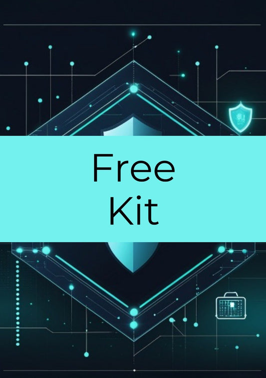 A promotional graphic with a cyan horizontal banner across the center containing the words 'Free Kit' in black text. The background is dark navy with glowing cyan geometric tech-style line art, a shield icon, and a small briefcase icon.
