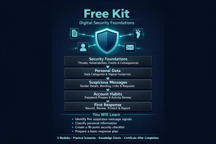 A digital infographic outlining a 'Free Kit' of digital security foundations, featuring a dark blue background with glowing cyan and white text and icons for security, personal data, suspicious messages, account habits, and first response.