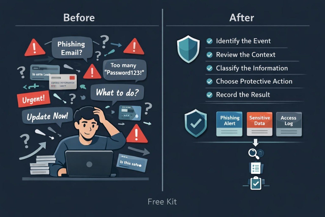 An infographic comparing a phishing crisis 'Before' state with a security response 'After' state, presented as a digital product or training kit. The left 'Before' section features an illustration of a stressed man with a laptop surrounded by red warning icons, urgent notes, and question marks.