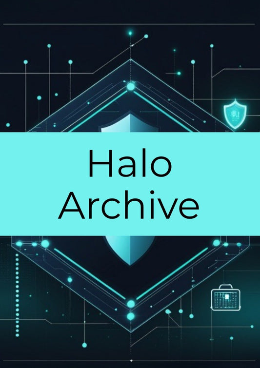 A digital cover graphic with the text 'Halo Archive' in black on a bright cyan horizontal band, set against a dark navy background with glowing cyan geometric and circuit-like line art and small icons.