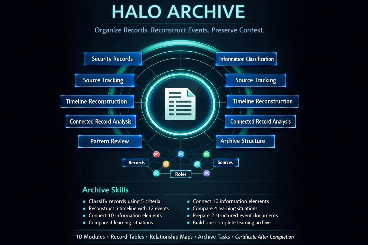 Digital graphic for the 'Halo Archive' training module, featuring a dark blue and black background with glowing cyan and white text and icons representing record security, classification, and skills.