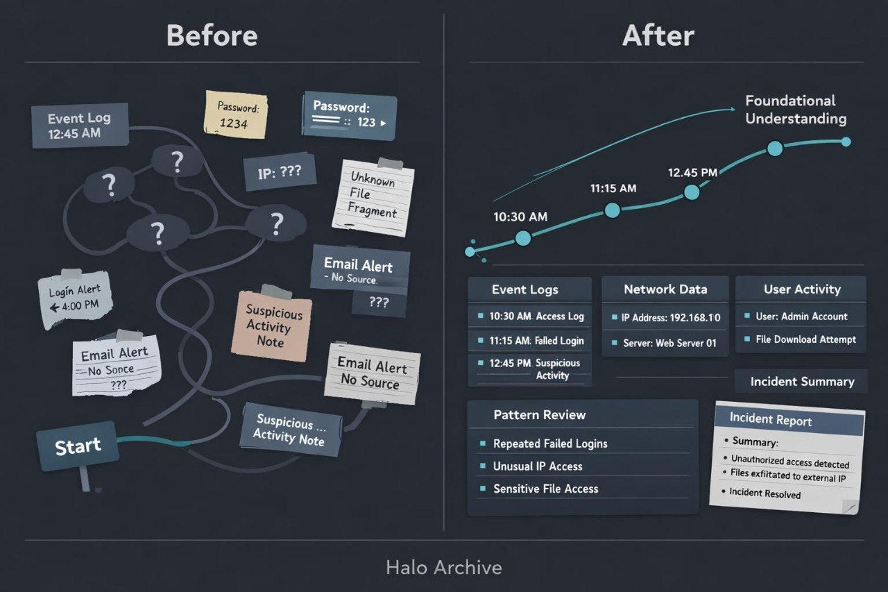 A digital infographic comparing a 'Before' state with an 'After' state for incident response and security awareness, presented on a dark slate background with the Halo Archive logo at the bottom.