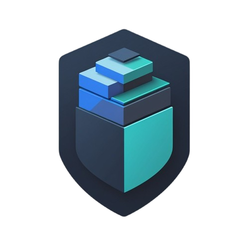 A stylized digital shield icon with layered 3D blocks in shades of blue, teal, and dark navy on a plain white background.