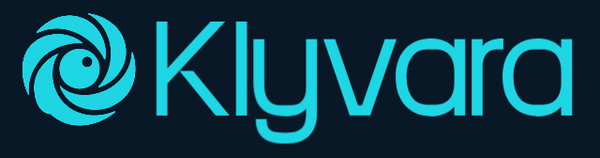 The Klyvara brand logo in bright cyan blue, featuring a circular spiral icon on the left and the brand name 'Klyvara' on the right, set against a solid dark navy background.