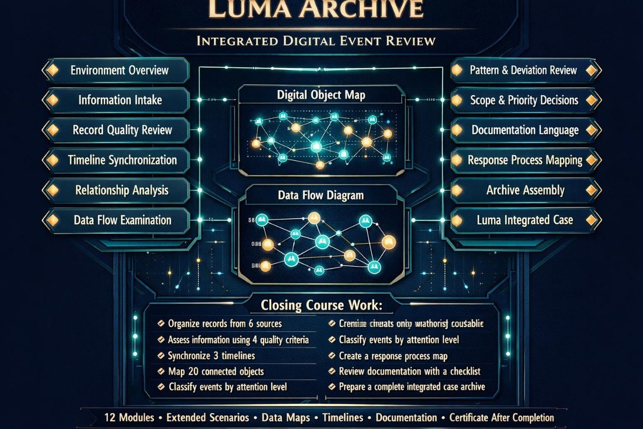 An infographic-style promotional graphic for the Luma Archive Integrated Digital Event Review course, featuring a dark navy and black background with glowing blue and gold interface elements, text blocks, and a central digital object map diagram.