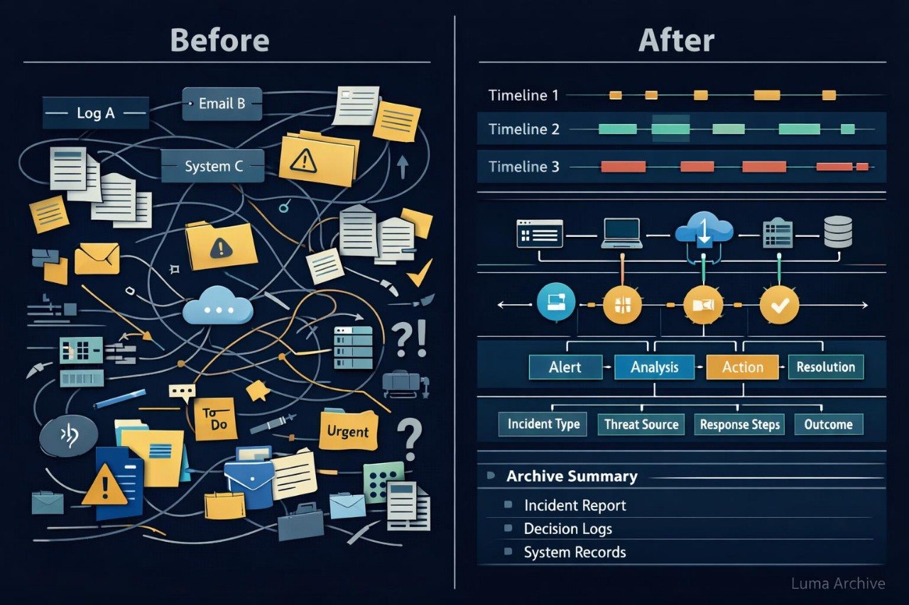 A dark navy infographic comparing a chaotic 'Before' incident-management scene with an organized 'After' workflow. The left side shows tangled logs, emails, and warning icons; the right side shows streamlined timelines, alerts, actions, and an archive summary.