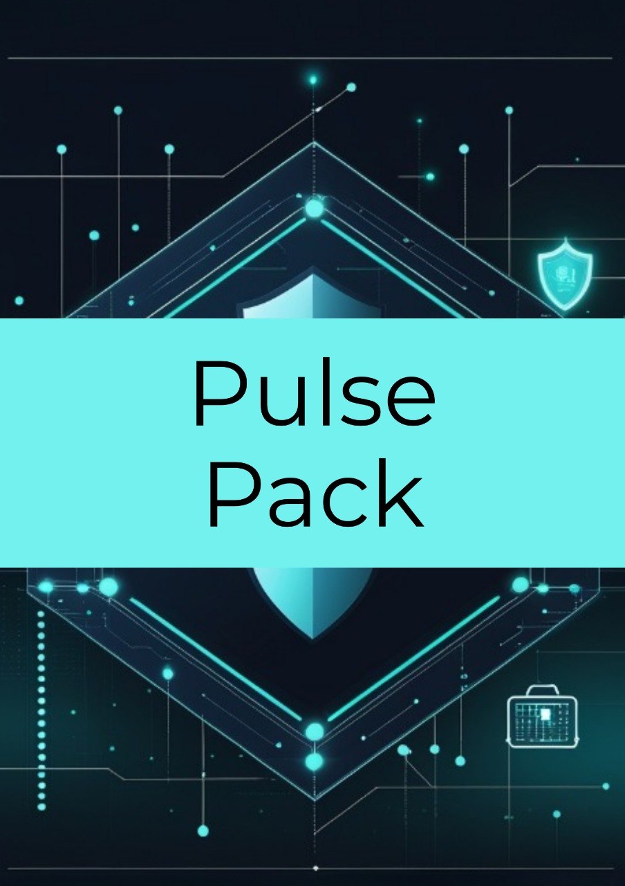 A digital cover graphic for a 'Pulse Pack' featuring a central cyan horizontal band with black text, set against a dark navy background with glowing cyan digital circuitry, geometric shapes, a shield icon, and a calendar icon.