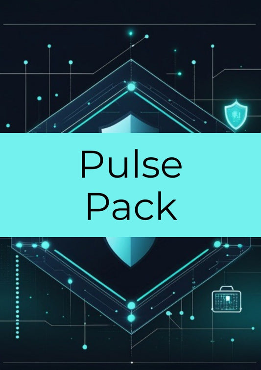 A digital cover graphic for a 'Pulse Pack' featuring a central cyan horizontal band with black text, set against a dark navy background with glowing cyan digital circuitry, geometric shapes, a shield icon, and a calendar icon.