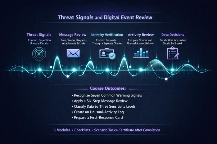 A digital infographic titled 'Threat Signals and Digital Event Review' on a dark navy background, showing a workflow with threat signals, message review, identity verification, activity review, and data decisions above a glowing wave graphic, plus course outcomes listed below.