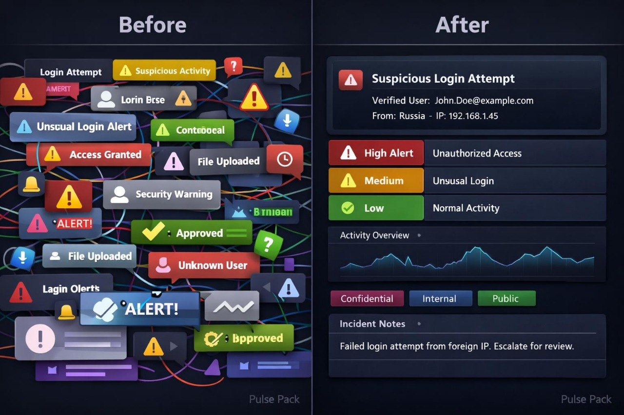 A side-by-side comparison graphic labeled 'Before' and 'After' showing a dark digital interface with many colorful warning and status icons, plus a simple flowchart and status chart. This appears to be a digital preview or design asset rather than a physical product photo.