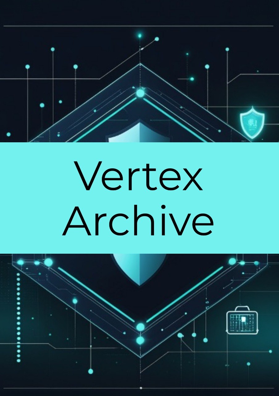 A digital cover graphic with the text 'Vertex Archive' in black sans-serif font on a bright cyan horizontal band, set against a dark navy background with glowing cyan geometric lines, circuit-like nodes, a shield icon, and a briefcase icon.