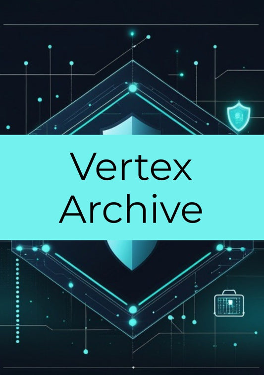 A digital cover graphic with the text 'Vertex Archive' in black sans-serif font on a bright cyan horizontal band, set against a dark navy background with glowing cyan geometric lines, circuit-like nodes, a shield icon, and a briefcase icon.