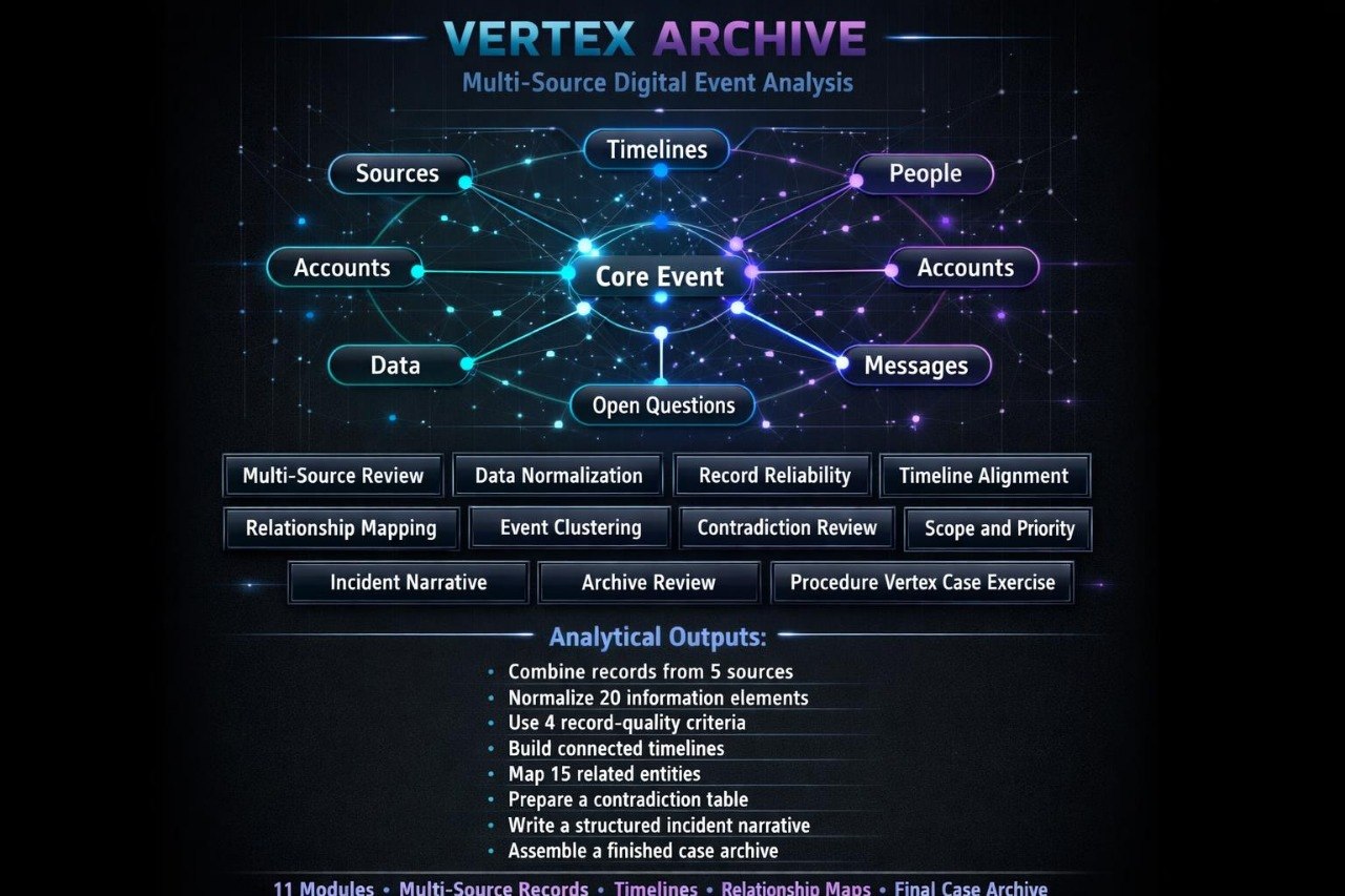A digital graphic titled 'VERTEX ARCHIVE' showing a network diagram for multi-source digital event analysis, with nodes like Sources, Timelines, People, Accounts, Data, and Messages connected around a central 'Core Event'. Below the diagram is a list of analytical outputs on a dark blue and black background.