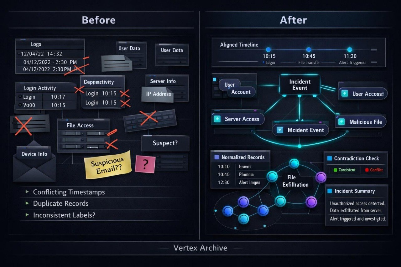 A digital infographic comparing a traditional database schema labeled 'Before' with a modern AI-generated secure audit system labeled 'After'. The left 'Before' section shows a dark database diagram with red X's marking out logical elements like user data, login activity, and IP addresses, alongside a yellow sticky note labeled 'Suspicious Email?'.
