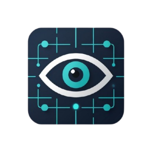 A stylized digital icon of a teal and white eye centered on a rounded square with cyan circuit-like lines over a dark navy background, shown on a plain white backdrop.