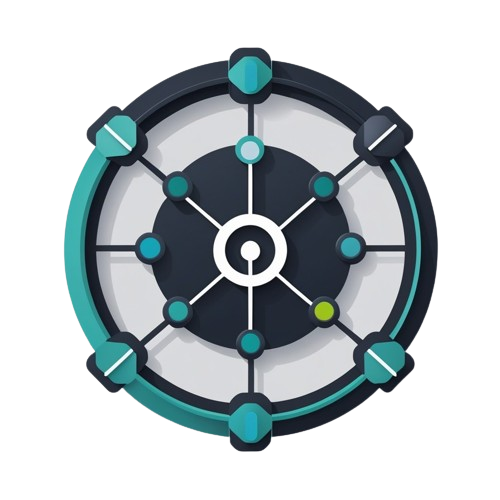 A stylized circular schematic or wheel graphic with teal, dark gray, black, and white elements on a plain white background.