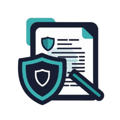 A flat vector icon depicting a document with a shield and a magnifying glass, representing security, verification, or proof of purchase, on a solid white background.
