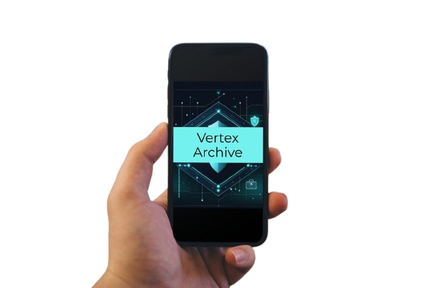 A hand holding a black smartphone against a white background, with the screen displaying the text 'Vertex Archive' on a dark blue tech-themed background.