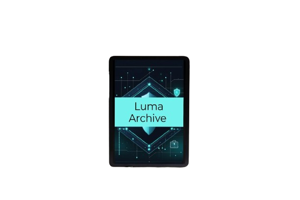 A black tablet or e-reader device centered on a plain white background, displaying a blue and black digital interface with the text 'Luma Archive'.