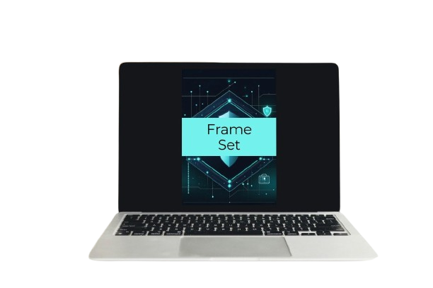 A silver laptop with a black keyboard and screen, displaying a digital graphic that reads 'Frame Set' in a cyan box against a dark tech-themed background, isolated on a white backdrop.